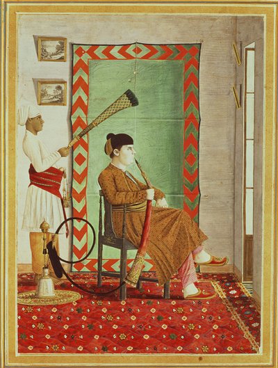 A portrait of a European gentleman in Indian dress seated before an open window smoking a hookah, Lucknow, Company School by Indian School